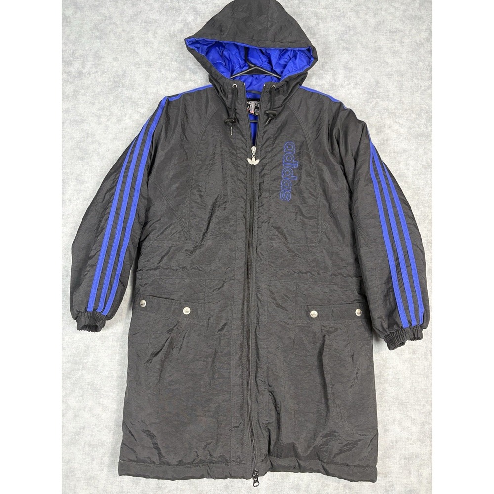 Vintage 90s Adidas Long Parka Jacket Mens L Black Blue 3 Stripe Trefoil Hood